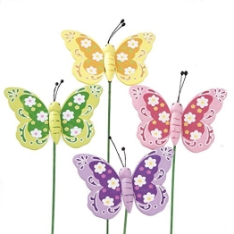 Blumen- Pflanzenstecker, Schmetterling aus Holz 12 Stück, grün-rosa-lila-gelb-orange, Frühlings- Osterdekoration, - 1