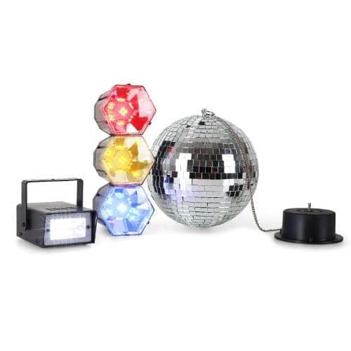 Disco-Mega-Party-Set: Discokugel mit Motor und Strahler, 3er-Lichtorgel,  Stroboskop-Blitzer 