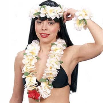 Hawaii-Set deluxe: Blumen-Kette, Kopfband, Armband, creme-gelb - 1