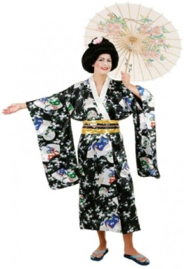 Japanerin-Kostüm: Kimono, Satin, schwarz, Einheitsgröße - 1