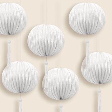 Lampion: Mini-Lampion mit Bommel, weiß, 12 cm Durchmesser, 6er-Pack - 1