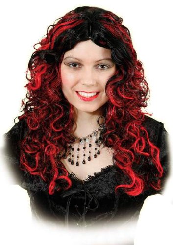 Perücke: lang gelockte rot-schwarze Haare (Emily) für Hexen-Kostüme - 1