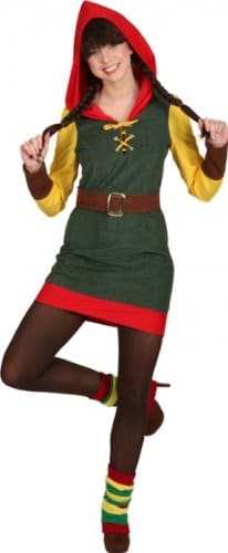 Zwergin-Kostüm: Kleid, Kapuze und Gürtel, grün, rot, gelb, verschiedene Größen - 1